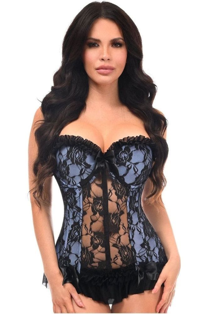 Lavish Lt Blue w/Black Lace & Lycra Hook & Eye Stretch Bustier Corset