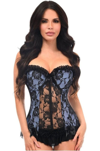 Lavish Lt Blue w/Black Lace & Lycra Hook & Eye Stretch Bustier Corset