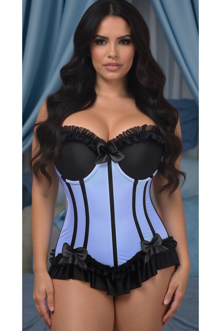 Lavish Lt Blue w/Black Lycra Hook & Eye Stretch Bustier Corset.
