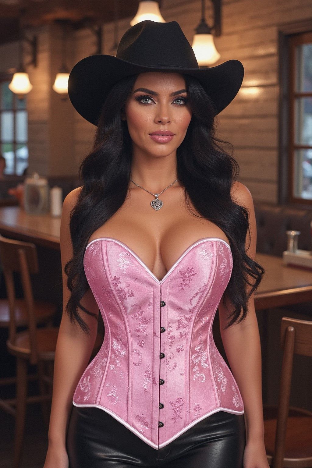 Lavish Lt Pink Brocade Overbust Corset W/Busk Closure