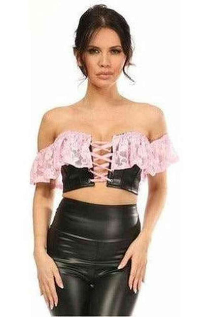 Lavish Lt Pink Lace & Faux Leather Bustier Top