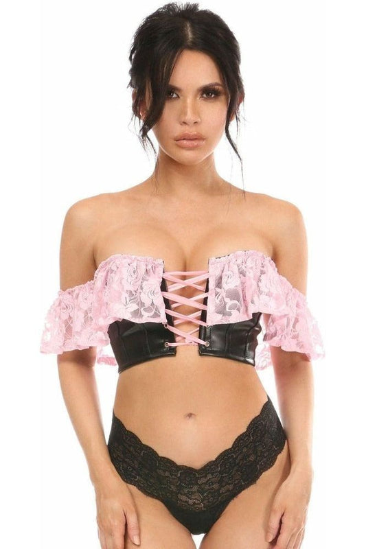 Lavish Lt Pink Lace & Faux Leather Bustier Top