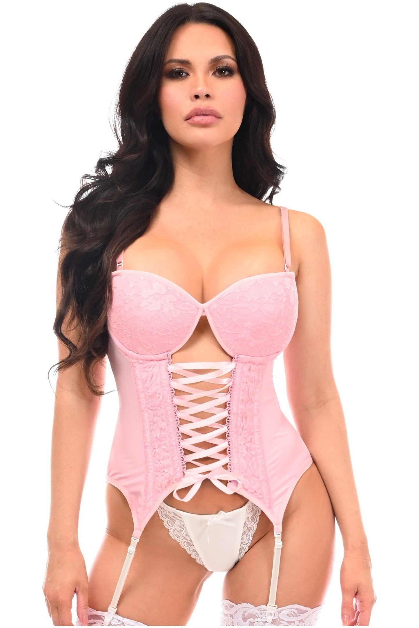 Lavish Lt Pink Lycra & Lace Hook & Eye Lace-Up Bustier Corset w/Garters.