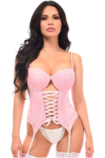 Lavish Lt Pink Lycra & Lace Hook & Eye Lace-Up Bustier Corset w/Garters.