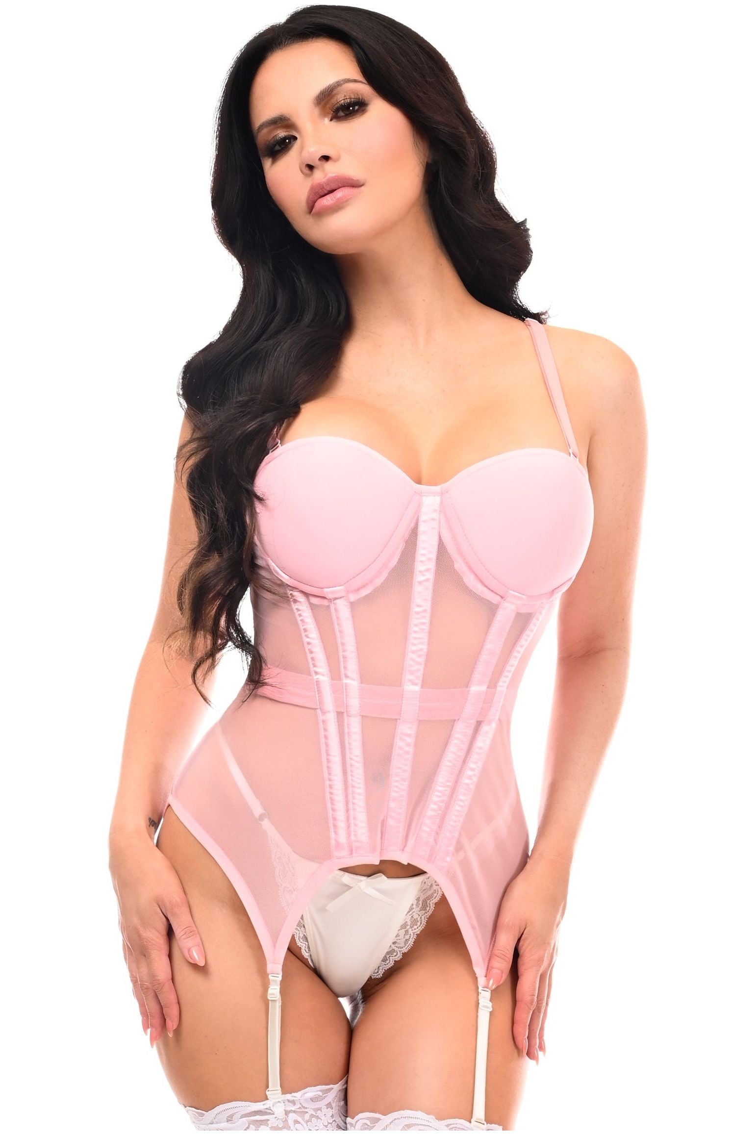 Lavish Lt Pink Mesh Underwire Bustier Corset w/Garters.