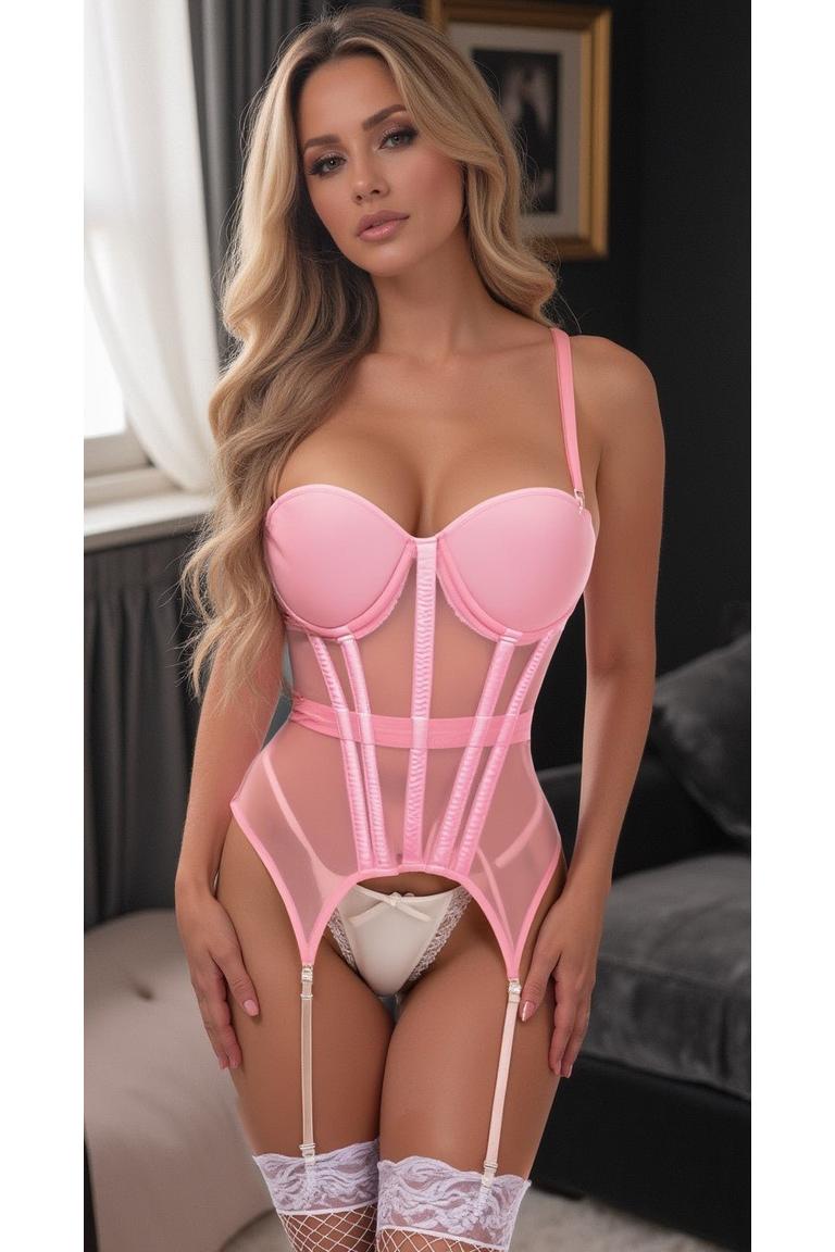 Lavish Lt Pink Mesh Underwire Bustier Corset w/Garters.