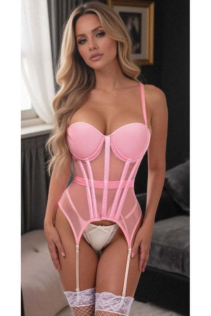 Lavish Lt Pink Mesh Underwire Bustier Corset w/Garters