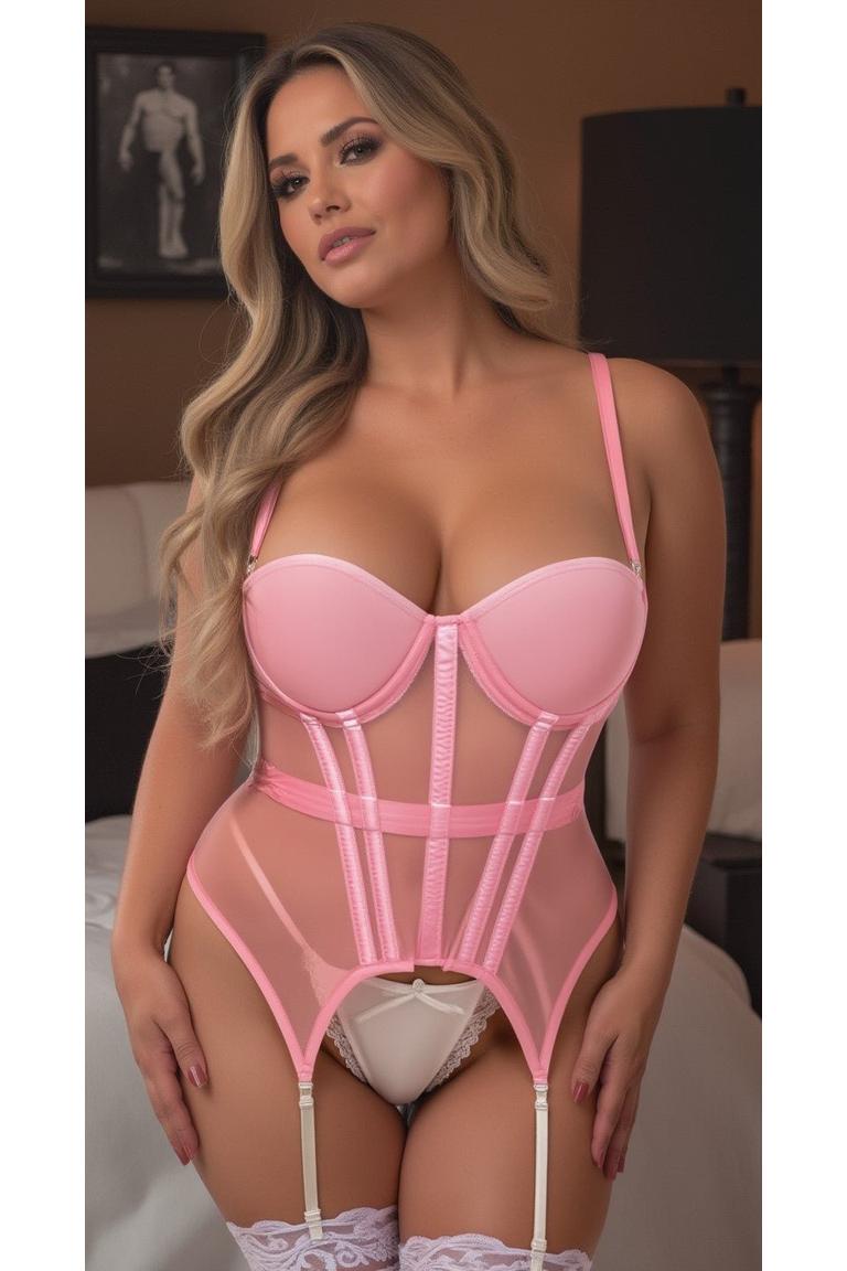 Lavish Lt Pink Mesh Underwire Bustier Corset w/Garters.