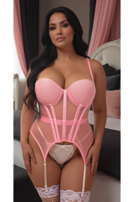 Lavish Lt Pink Mesh Underwire Bustier Corset w/Garters.