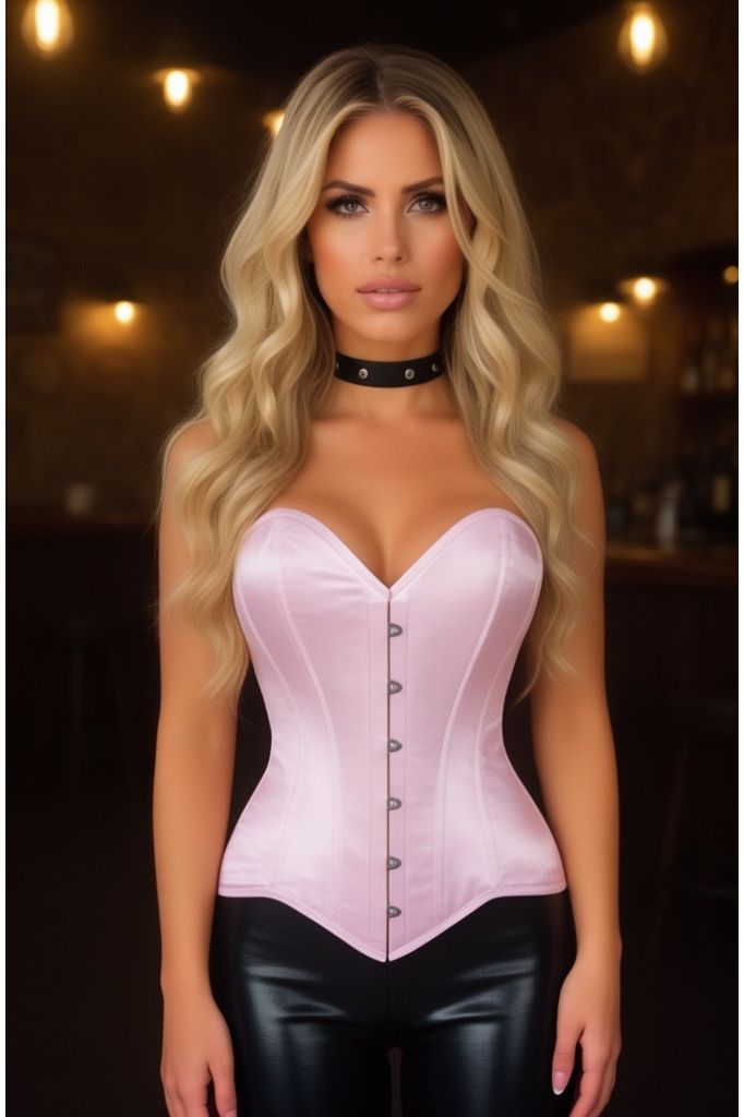 Lavish Lt Pink Satin Overbust Corset Sweetheart Neckline Busk Closure