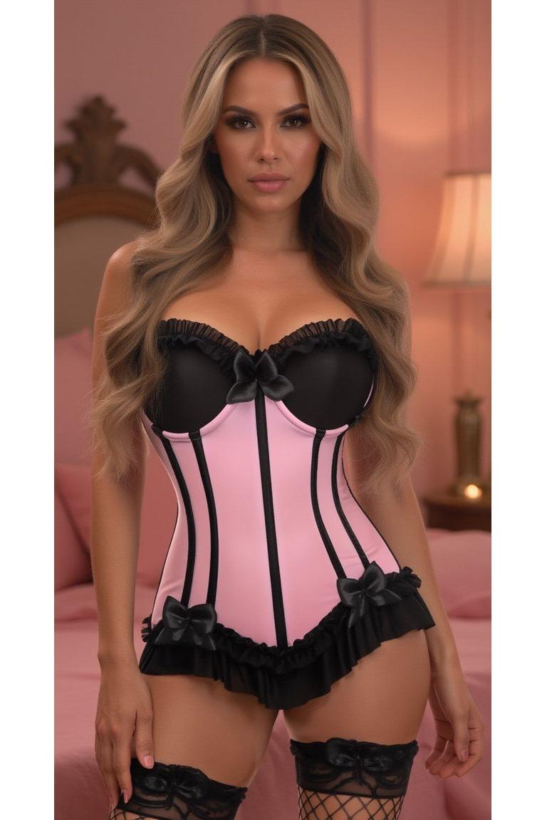 Lavish Lt Pink w/Black Lycra Hook & Eye Stretch Bustier Corset.