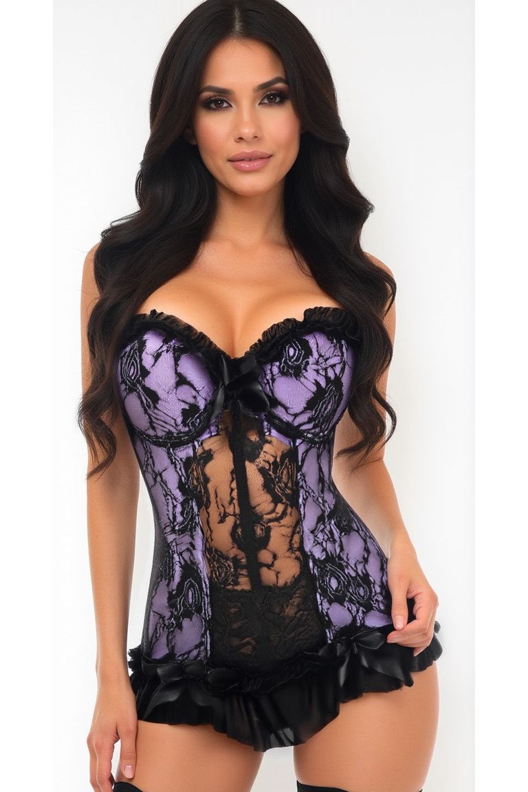 Lavish Lt Purple w/Black Lace & Lycra Hook & Eye Stretch Bustier Corset.