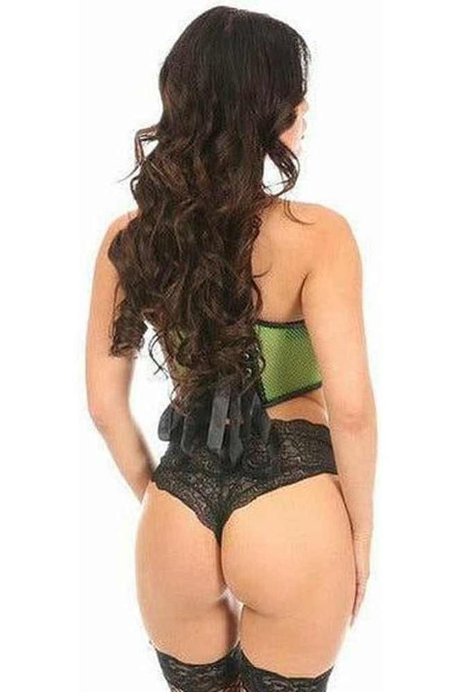 Lavish Neon Green Fishnet & Faux Leather Lace-Up Short Bustier Top