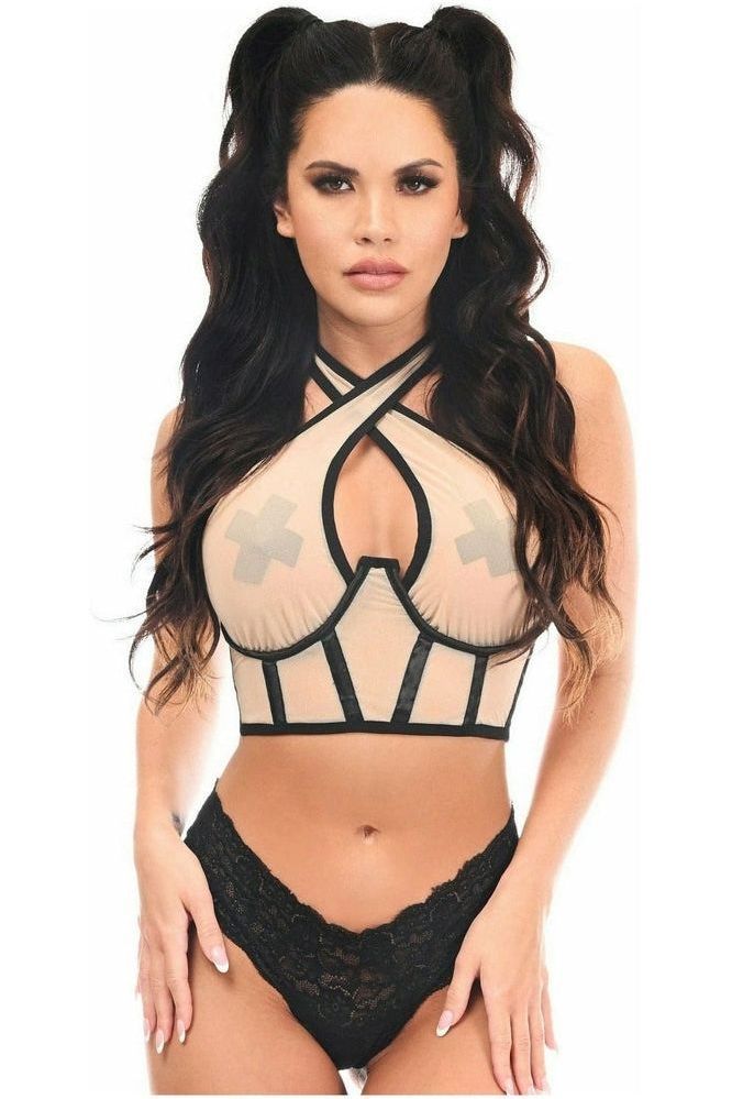 Lavish Blush Beige Mesh Underwire Cincher w/Built In Halter Top