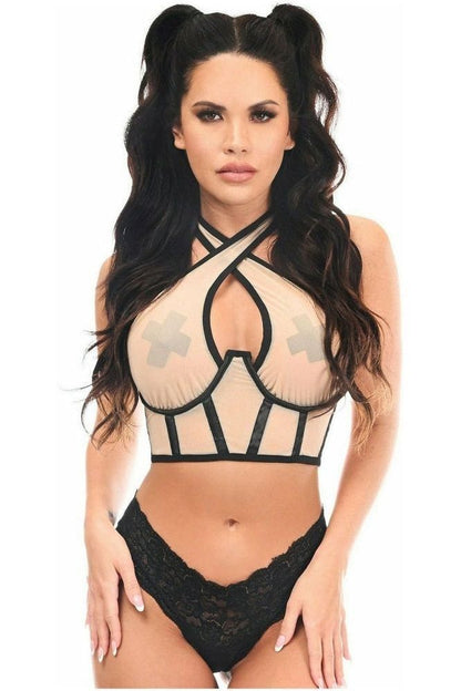 Lavish Blush Beige Mesh Underwire Cincher w/Built In Halter Top