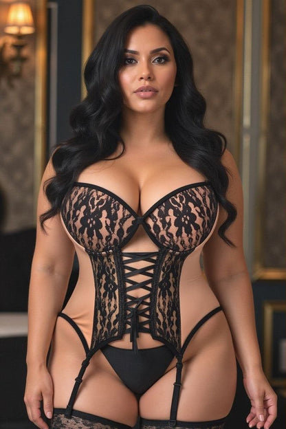 Lavish Nude/Black Lycra & Lace Hook & Eye Lace-Up Bustier Corset w/Garters