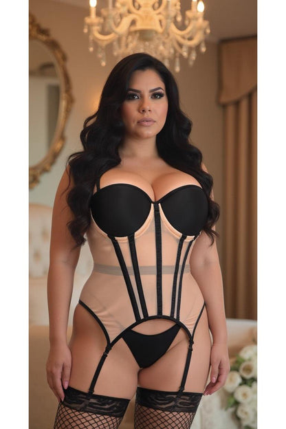 Lavish Nude/Black Mesh Underwire Bustier Corset w/Garters.