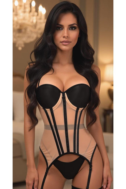 Lavish Nude/Black Mesh Underwire Bustier Corset w/Garters.