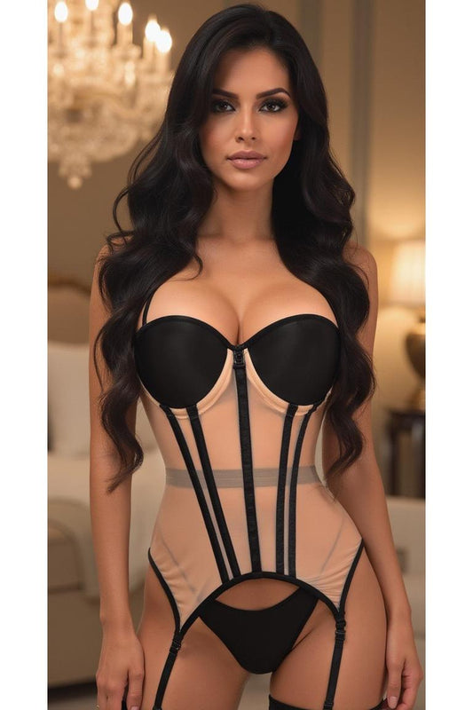 Lavish Nude/Black Mesh Underwire Bustier Corset w/Garters.