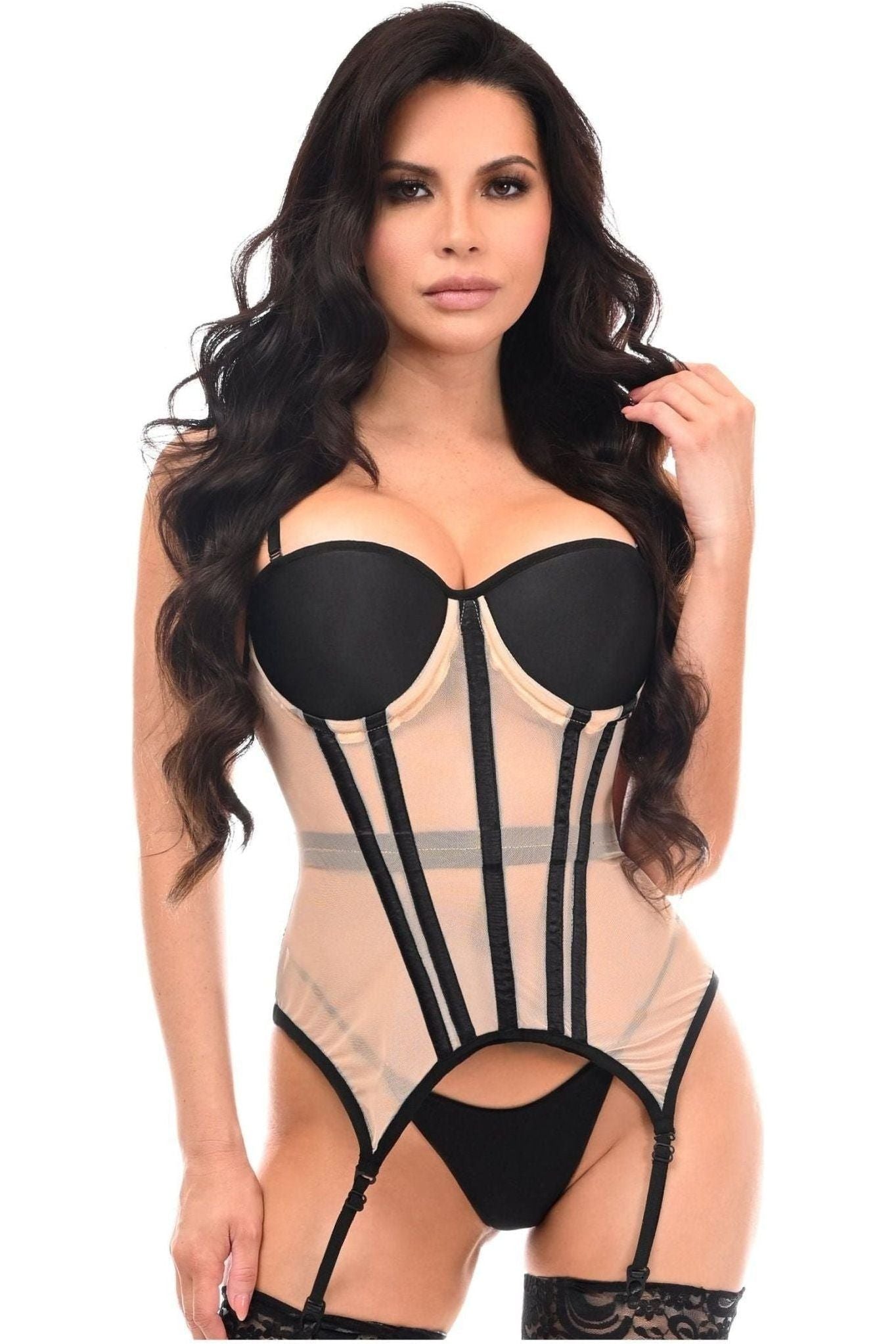 Lavish Nude/Black Mesh Underwire Bustier Corset w/Garters.