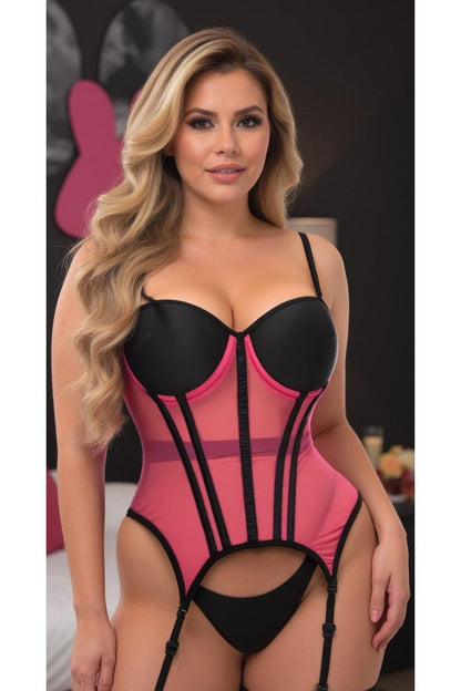 Lavish Pink/Black Mesh Underwire Bustier Corset w/Garters.
