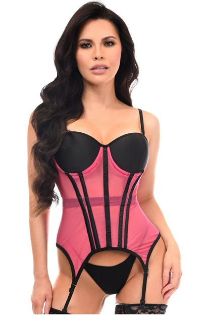 Lavish Pink/Black Mesh Underwire Bustier Corset w/Garters.