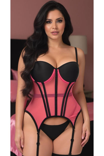 Lavish Pink/Black Mesh Underwire Bustier Corset w/Garters.