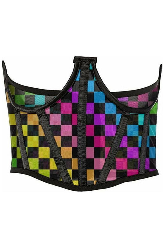 Lavish Rainbow Checkers Print Mesh Open Cup Waist Cincher