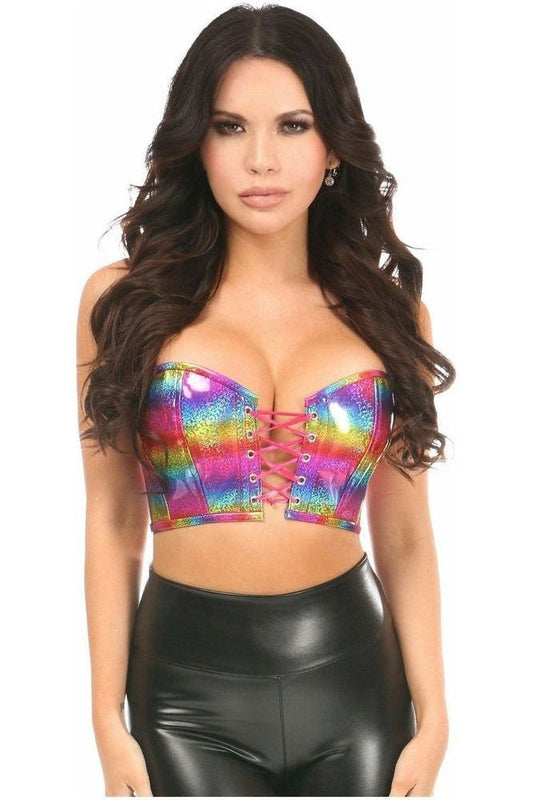 Lavish Rainbow PVC Glitter Lace-Up Short Bustier Top
