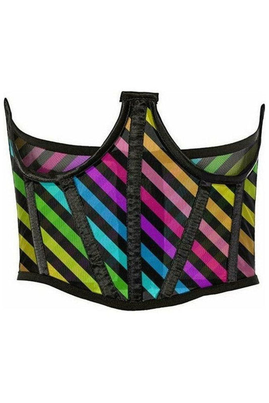 Lavish Rainbow Stripes Print Mesh Open Cup Waist Cincher