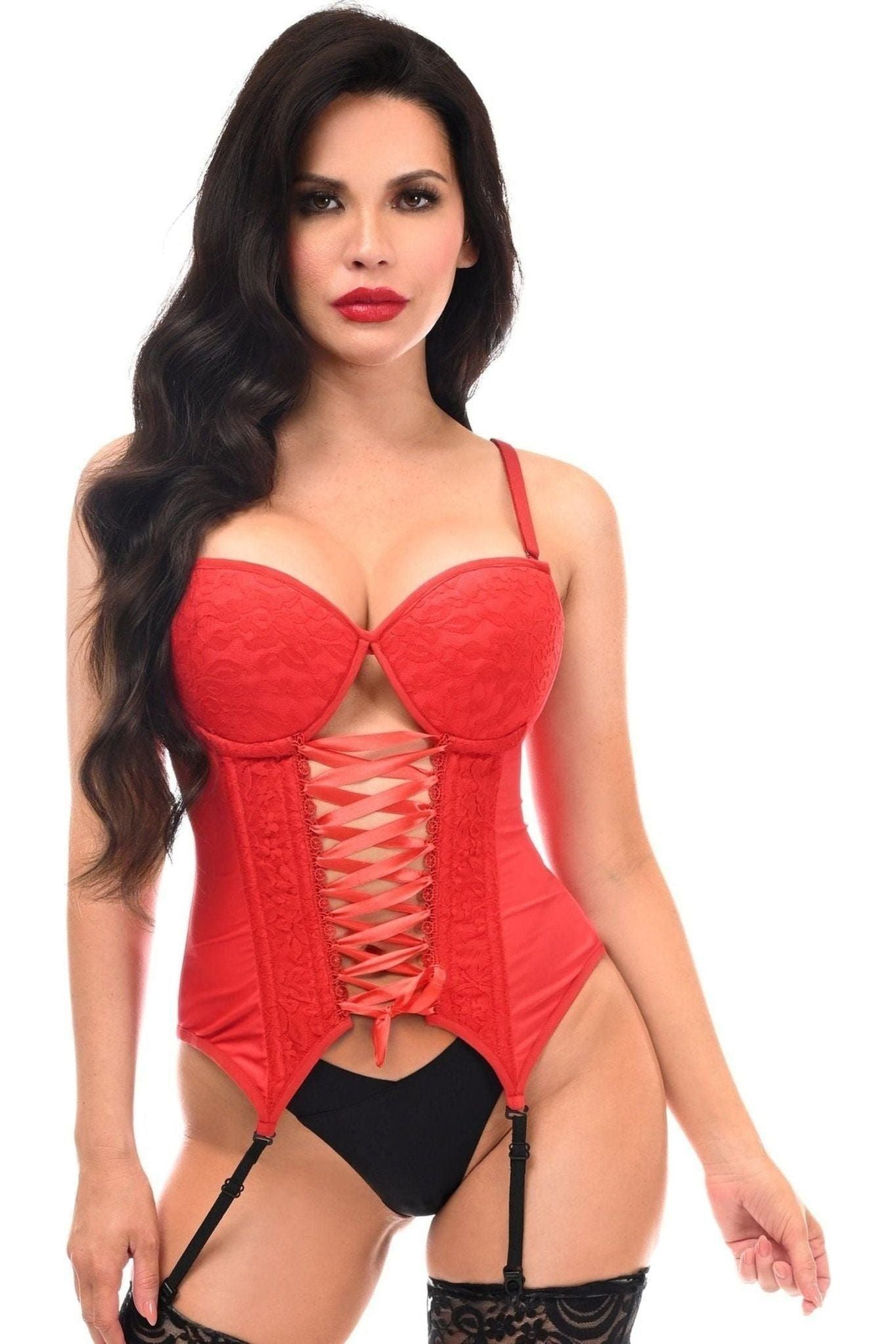 Lavish Red Lycra & Lace Hook & Eye Lace-Up Bustier Corset w/Garters.