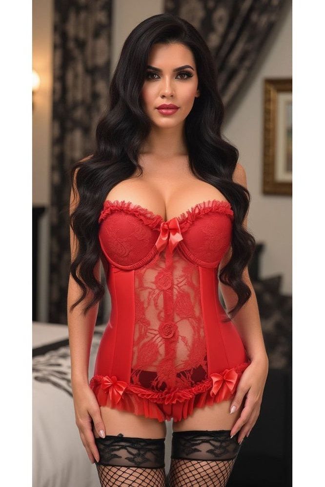 Lavish Red Lycra & Lace Hook & Eye Stretch Bustier Corset