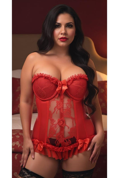 Lavish Red Lycra & Lace Hook & Eye Stretch Bustier Corset.
