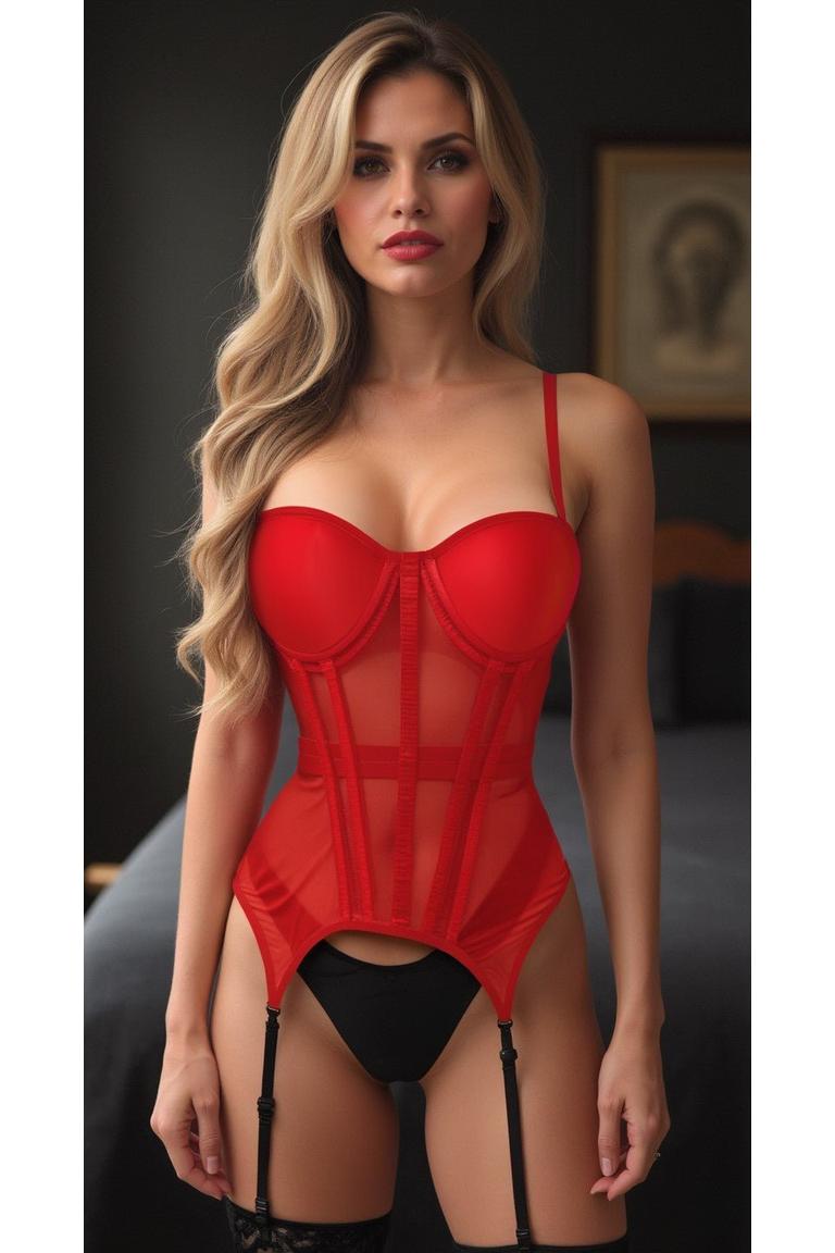 Lavish Red Mesh Underwire Bustier Corset w/Garters.