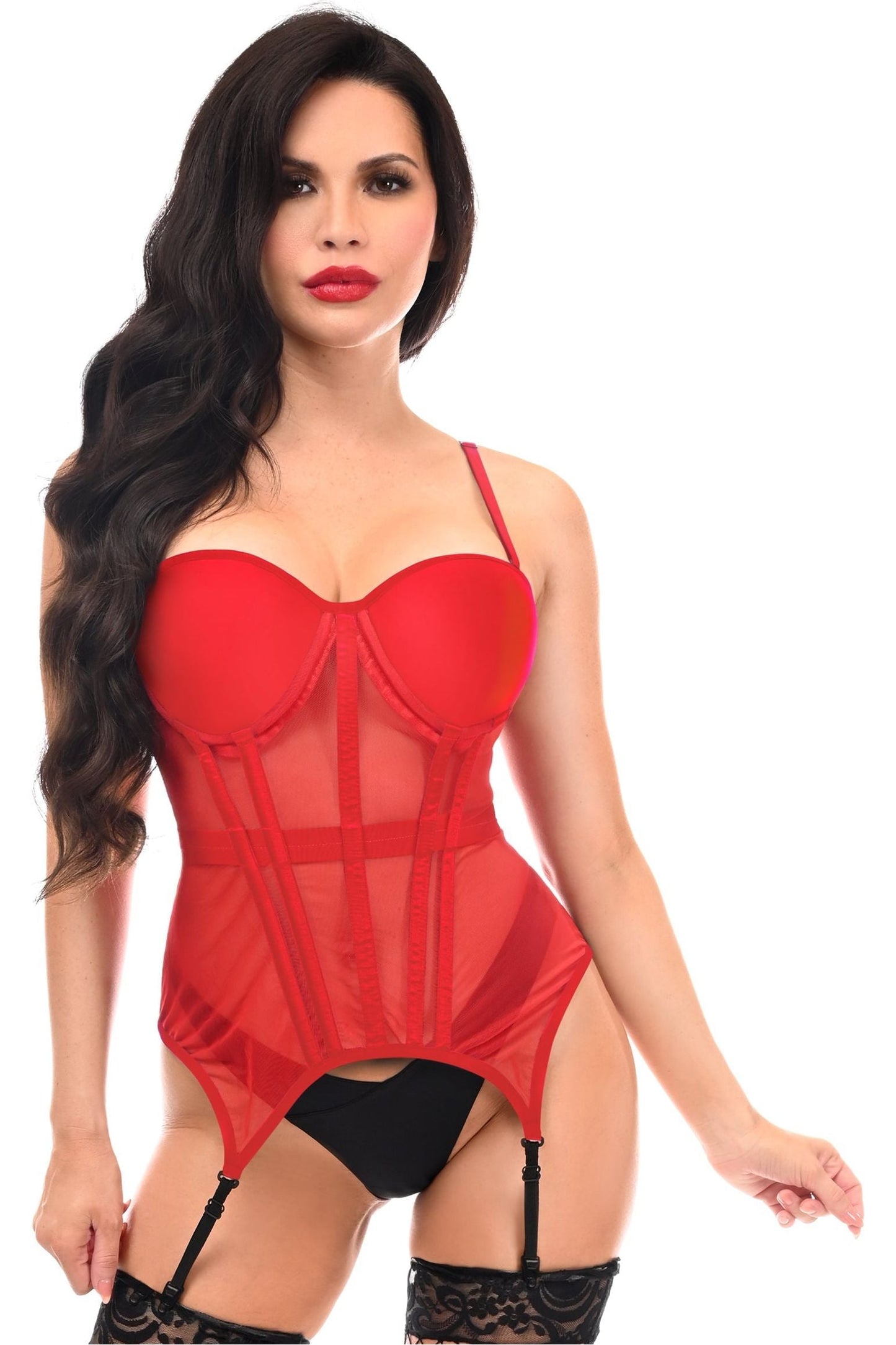 Lavish Red Mesh Underwire Bustier Corset w/Garters.