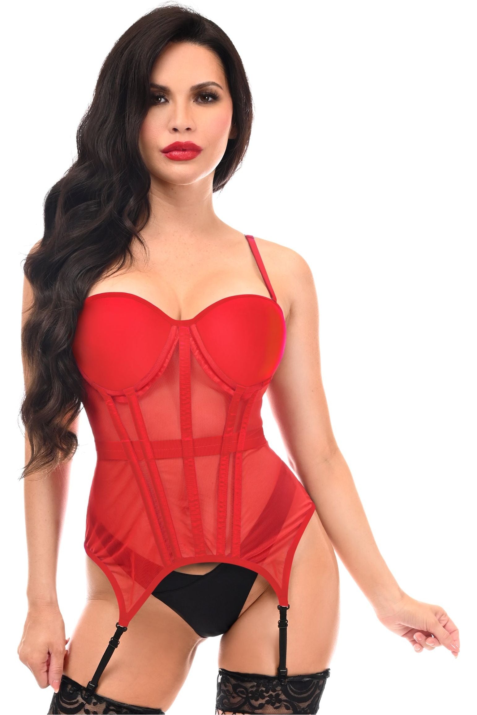 Lavish Red Mesh Underwire Bustier Corset w/Garters.
