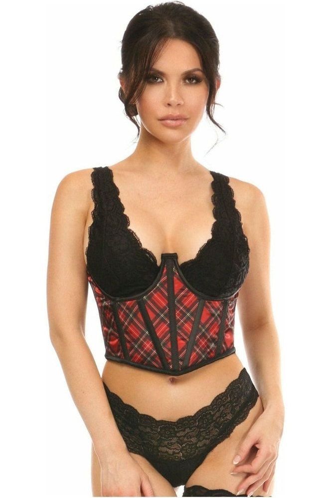 Lavish Red Plaid Satin Open Cup Waist Cincher