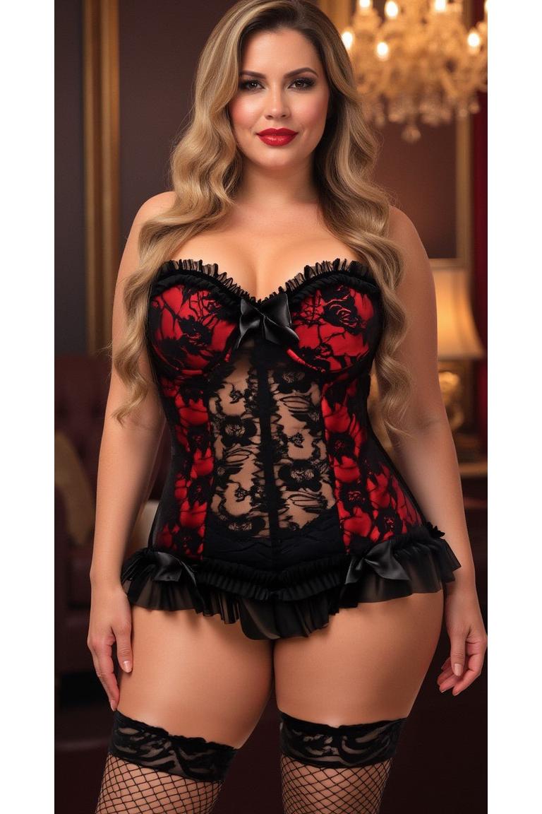 Lavish Red w/Black Lace & Lycra Hook & Eye Stretch Bustier Corset.