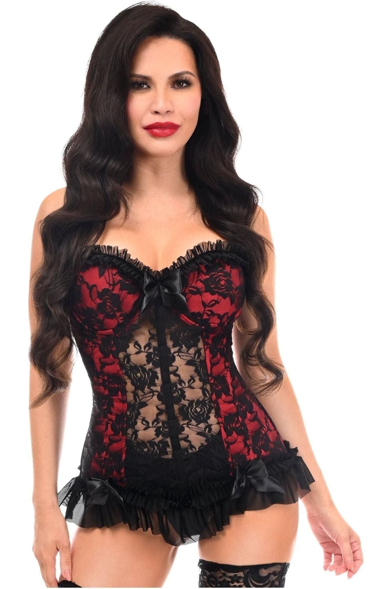 Lavish Red w/Black Lace & Lycra Hook & Eye Stretch Bustier Corset.