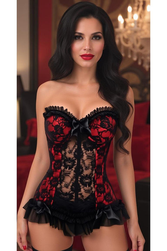 Lavish Red w/Black Lace & Lycra Hook & Eye Stretch Bustier Corset.