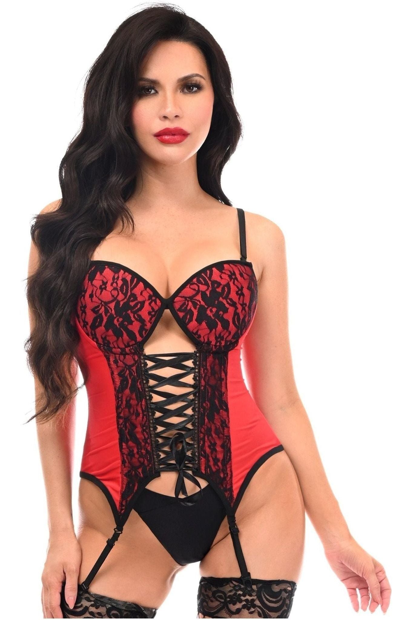 Lavish Red/Black Lycra & Lace Hook & Eye Lace-Up Bustier Corset w/Garters.