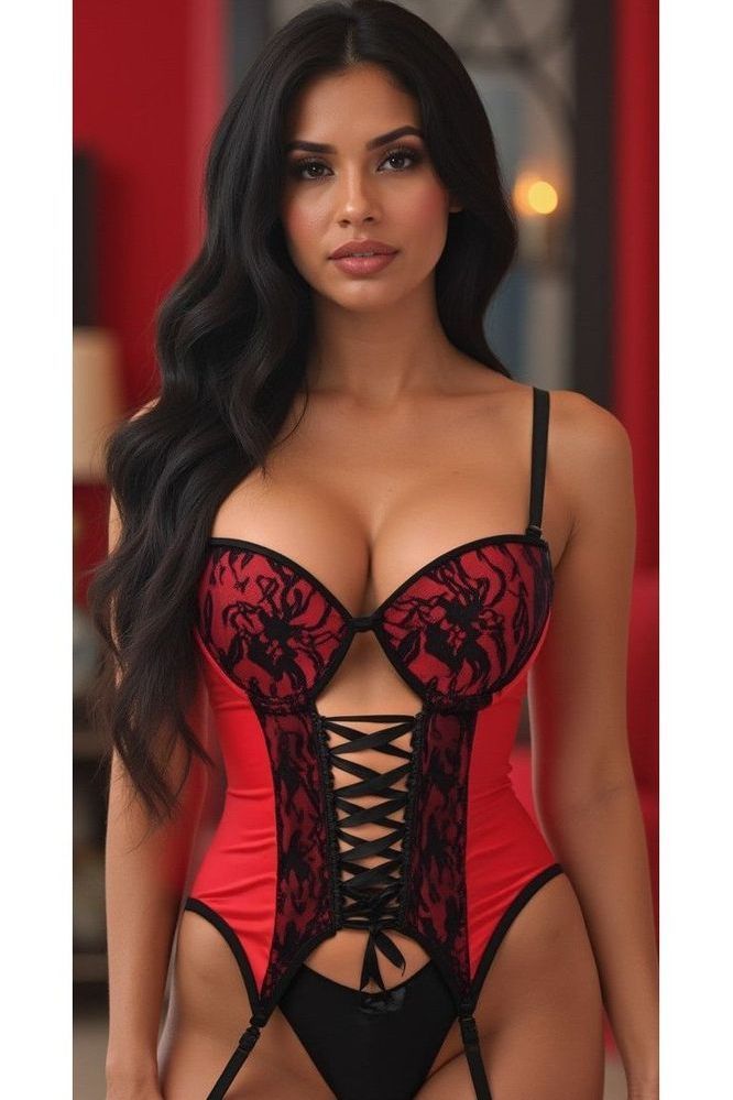 Lavish Red/Black Lycra & Lace Hook & Eye Lace-Up Bustier Corset w/Garters
