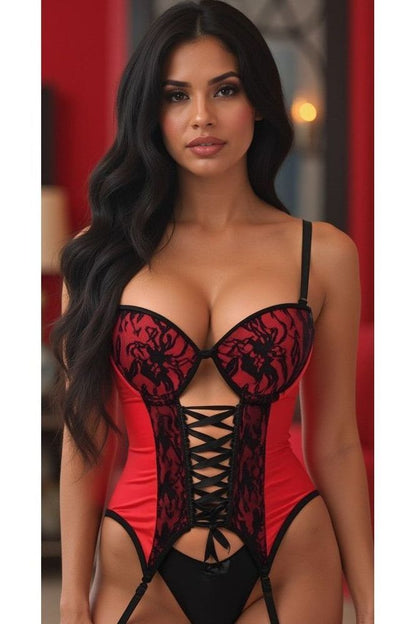 Lavish Red/Black Lycra & Lace Hook & Eye Lace-Up Bustier Corset w/Garters