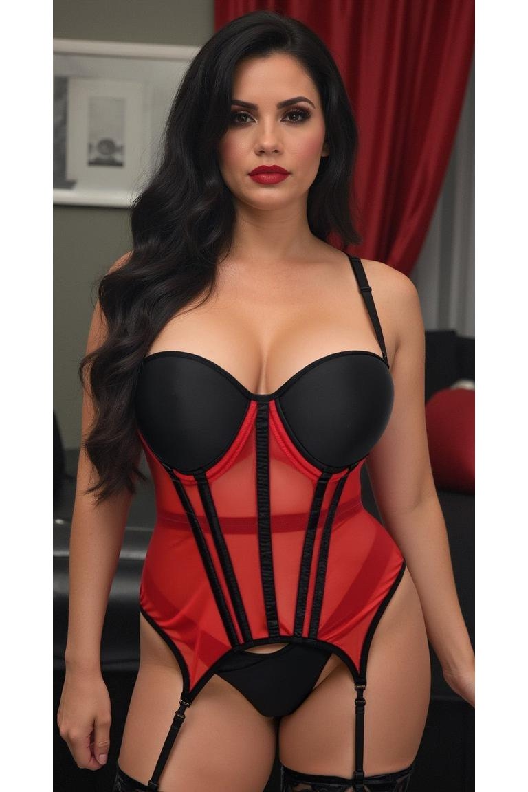 Lavish Red/Black Mesh Underwire Bustier Corset w/Garters.