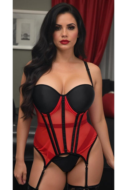 Lavish Red/Black Mesh Underwire Bustier Corset w/Garters.