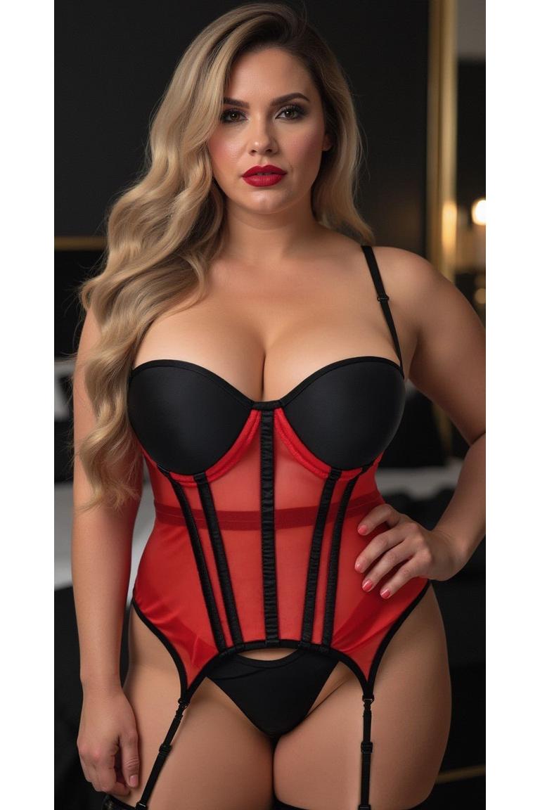 Lavish Red/Black Mesh Underwire Bustier Corset w/Garters.