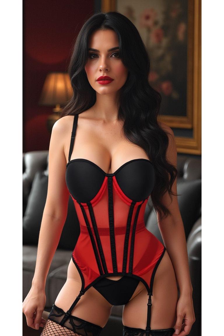 Lavish Red/Black Mesh Underwire Bustier Corset w/Garters.