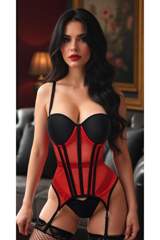 Lavish Red/Black Mesh Underwire Bustier Corset w/Garters.