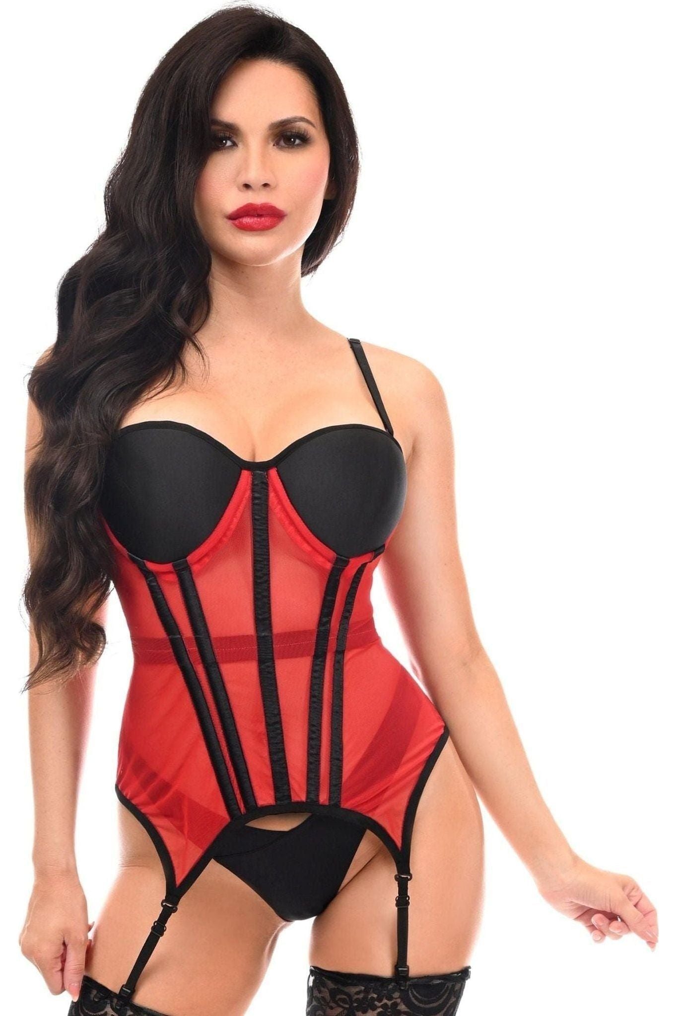 Lavish Red/Black Mesh Underwire Bustier Corset w/Garters.