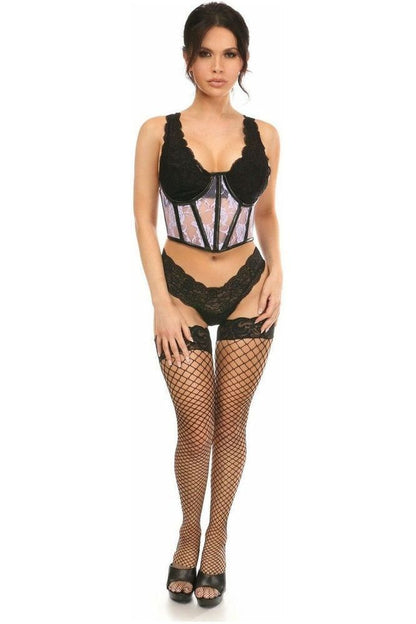 Lavish Sheer Lavender Lace & Faux Leather Open Cup Waist Cincher